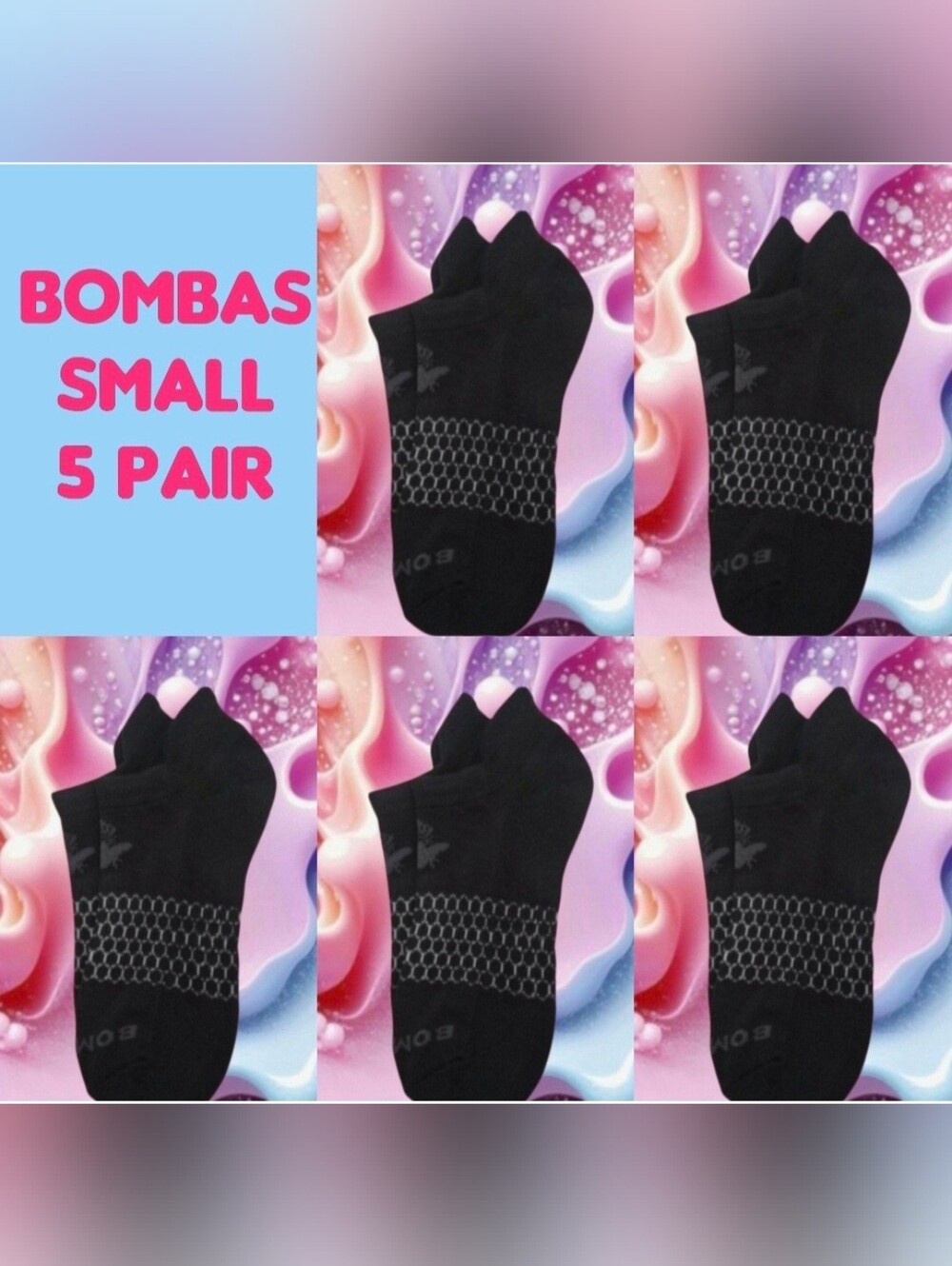 Bombas Ankle Socks Small 5 Pair Womens Honeycomb Black/Grey BNWT